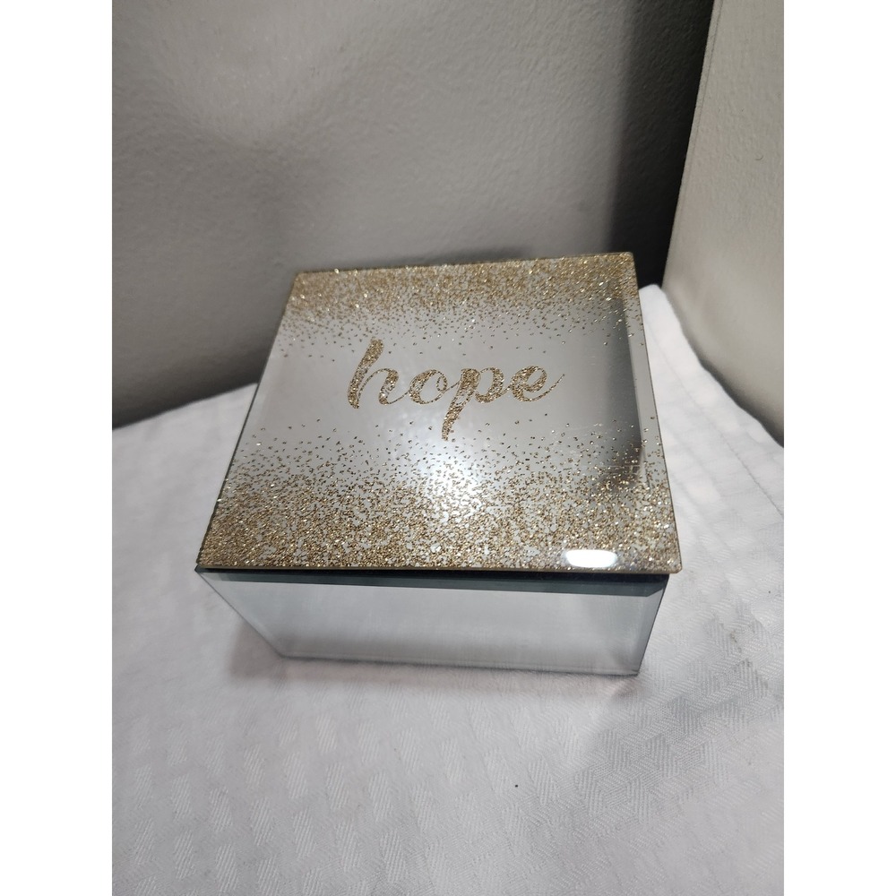 Mirrored Hope Jewelry Box Gold Glitter Script Glass Trinket Keepsake Organizer